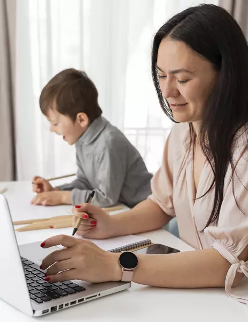 mom and son home working
